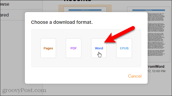 Нажмите Word в диалоговом окне «Выбор формата загрузки» на страницах iCloud.