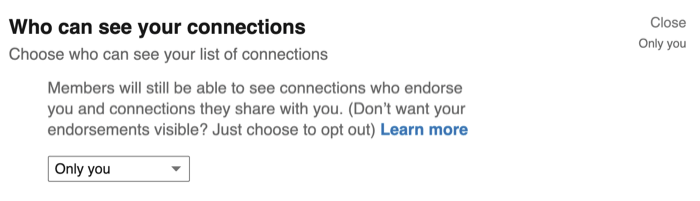 Параметр "Кто может видеть ваши связи" в настройках конфиденциальности LinkedIn