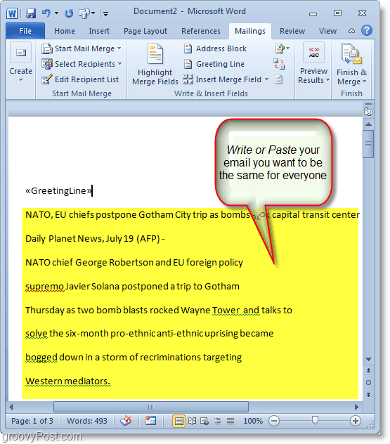 Скриншот Outlook 2010 - напишите свой массовый контент электронной почты