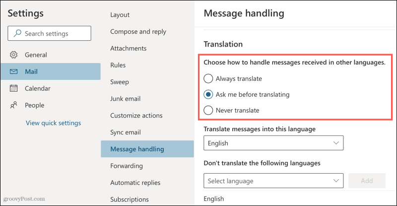 Настройки перевода в Outlook Online
