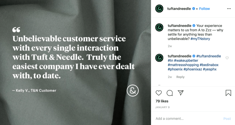 график с цитатой клиента из аккаунта Tuft and Needle в Instagram