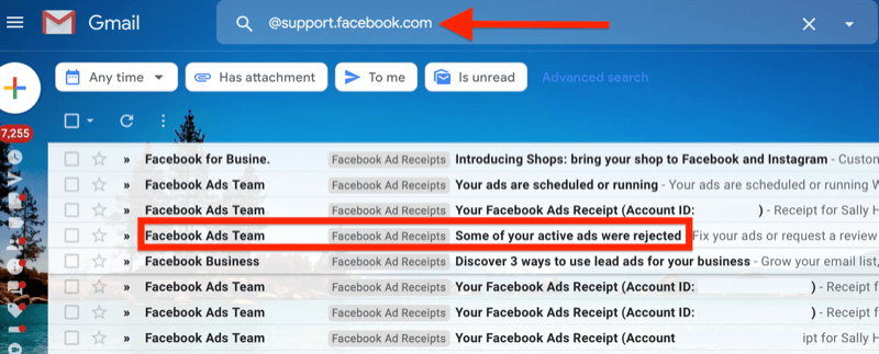 пример фильтра Gmail для @ support.facebook.com, чтобы изолировать все уведомления по электронной почте от рекламы в Facebook