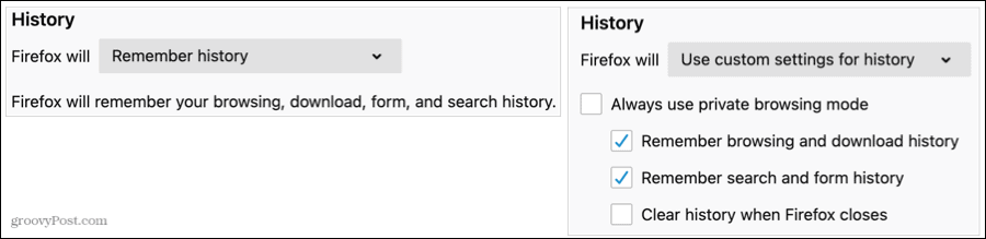 Настройки истории в Firefox