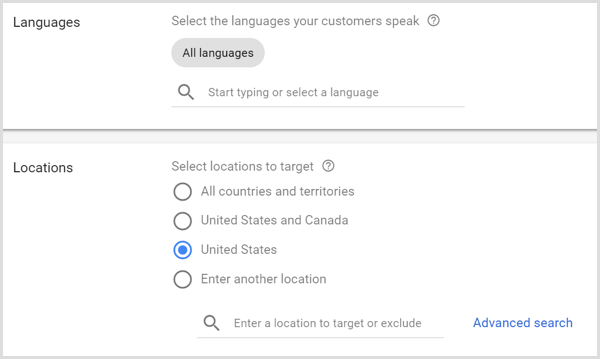 Настройки языков и местоположений для кампании Google AdWords.