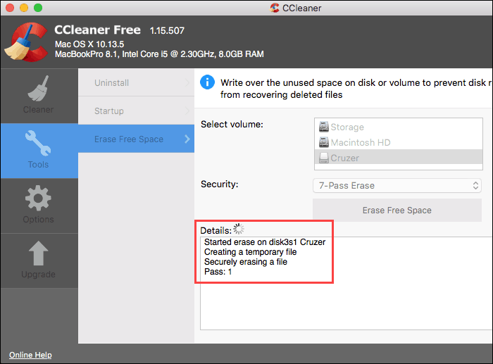 Безопасное стирание выполняется в CCleaner