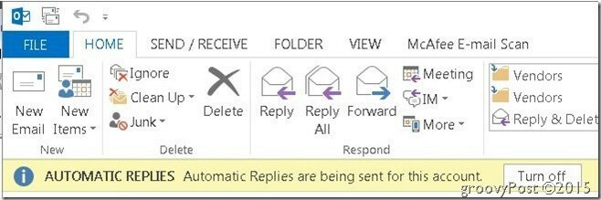 Outlook автоматически отвечает в правом верхнем углу