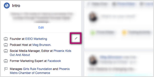 значок карандаша в разделе Intro профиля Facebook