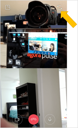 Коснитесь значка с двойной стрелкой в ​​правом верхнем углу экрана, чтобы переключиться на заднюю камеру в любое время во время видеочата Instagram в реальном времени.