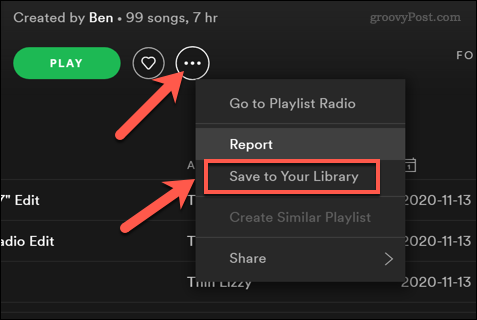 Сохранение плейлиста Spotify в пользовательской библиотеке
