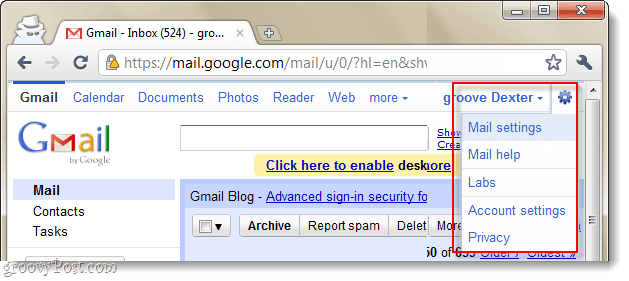 выпадающее меню настроек почты gmail