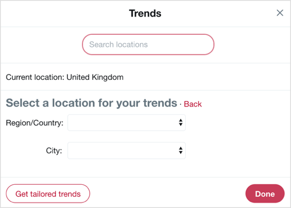 Выберите страну и город, на которых вы хотите сосредоточиться, с помощью тенденций Twitter.