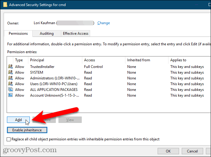 Нажмите кнопку «Добавить» в диалоговом окне «Дополнительные параметры безопасности» в реестре Windows.
