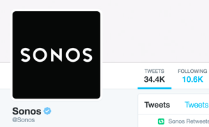Учетная запись Sonos Twitter подтверждена и показывает синий значок подтверждения Twitter.