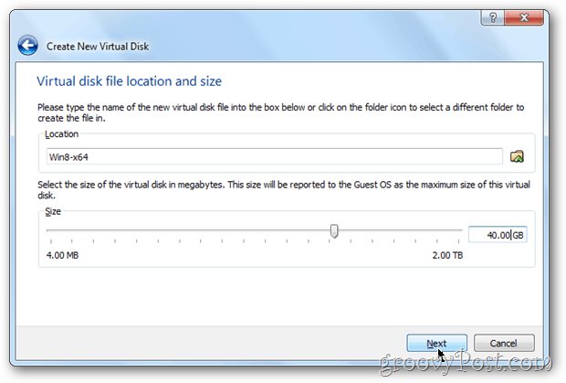 Конфигурация размера диска VirtualBox для Windows 8