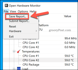 Сохранение отчета Open Hardware Monitor