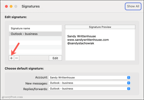 Добавить новую подпись в Outlook на Mac