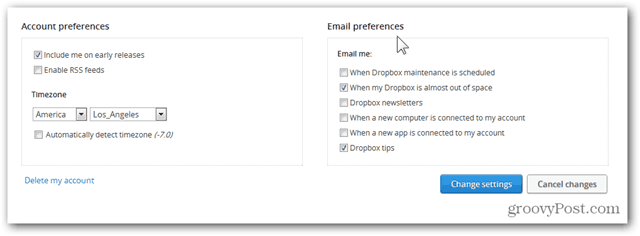 Dropbox настроить параметры электронной почты