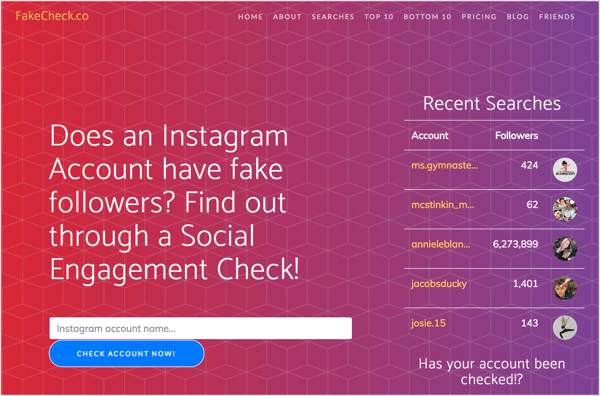 Проверяйте поддельных подписчиков в Instagram с помощью FakeCheck.co.