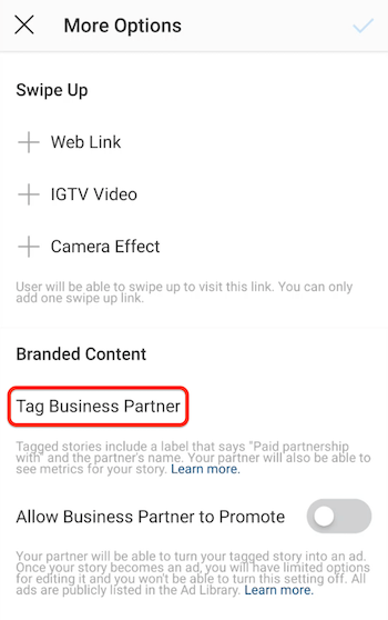Отметить вариант бизнес-партнера для историй в Instagram