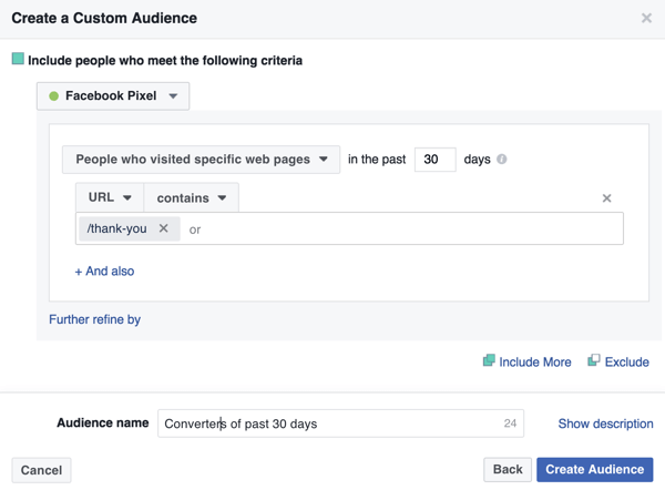 Чтобы создать пользовательскую аудиторию Facebook из прошлых покупателей, добавьте URL-адрес страницы благодарности.