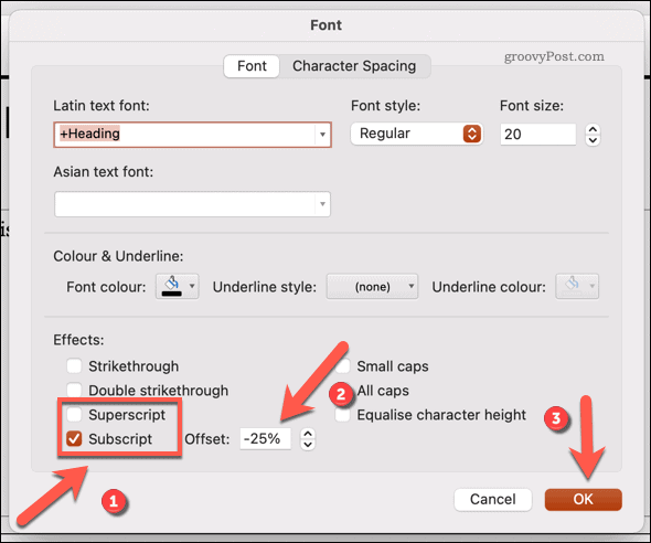 Изменение шрифта на подстрочный или надстрочный в Powerpoint на Mac