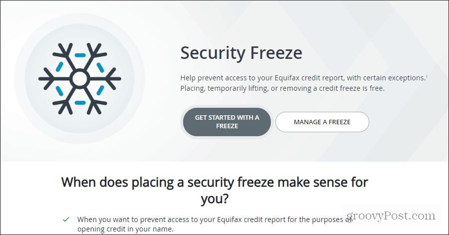 Страница замораживания безопасности Equifax