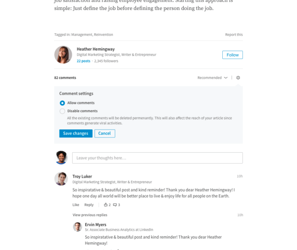 LinkedIn предоставил издателям возможность напрямую управлять комментариями к своим длинным статьям.