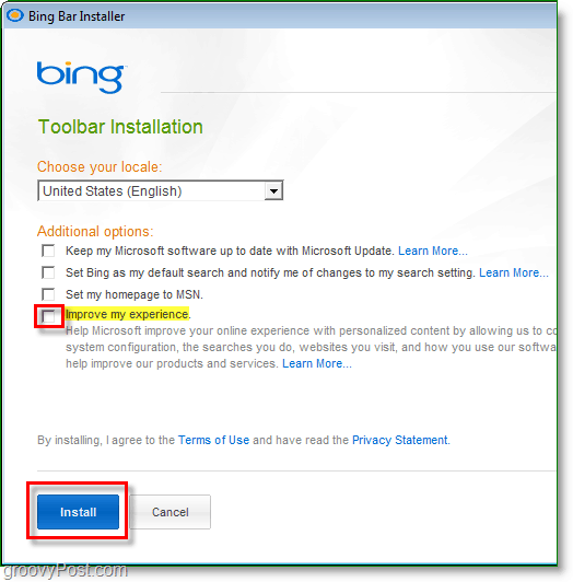 как установить панель инструментов Bing и отключить функцию улучшения моего опыта.