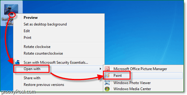 щелкните правой кнопкой мыши свое изображение в Windows 7, а затем выберите открыть с краской