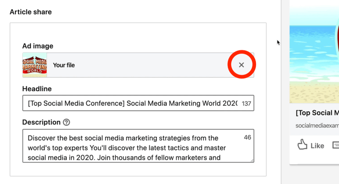 снимок экрана кнопки X, обведенной красным рядом с рекламным изображением LinkedIn во время настройки