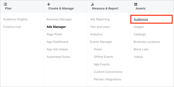 Откройте панель управления аудиториями в Facebook Ads Manager.
