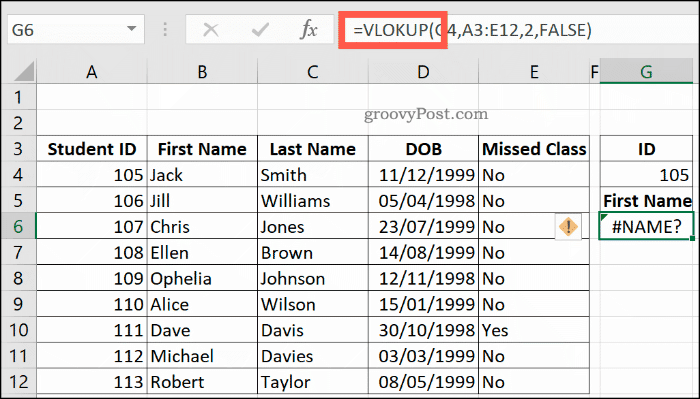 Формула опечатки VLOOKUP в Excel, возвращающая ошибку NAME