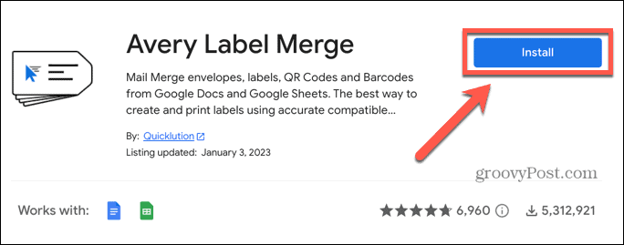 Google Sheets установить Avery Label Merge