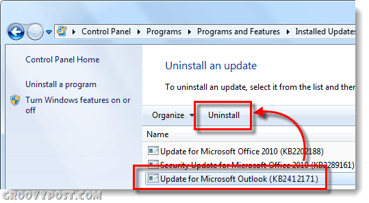 удалить kb2412171 на Windows 7 Outlook