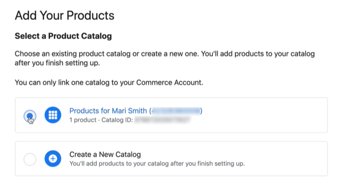 возможность каталога продуктов facebook для подключения существующего или нового каталога