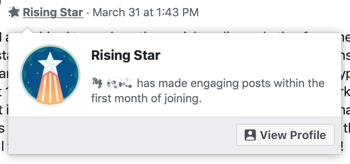 Как использовать функции групп Facebook, пример значка группы Rising Star