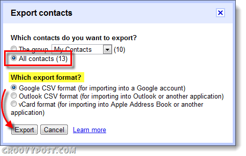 экспорт google apps тип контактов gmail