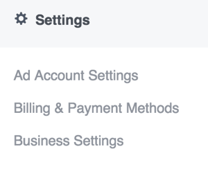Чтобы обновить настройки в Facebook Ads Manager, откройте главное меню и выберите нужный вариант в разделе «Настройки».