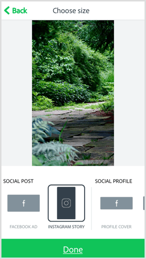 Выберите размер в мобильном приложении Adobe Spark Post.