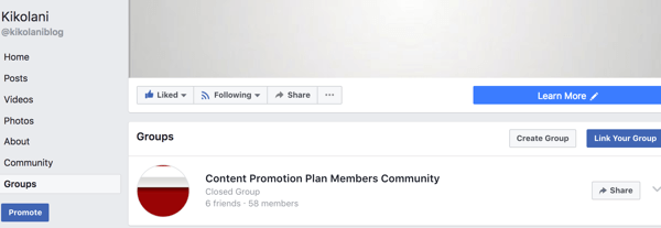 Ваша связанная группа появится на вкладке Группы на вашей странице Facebook.