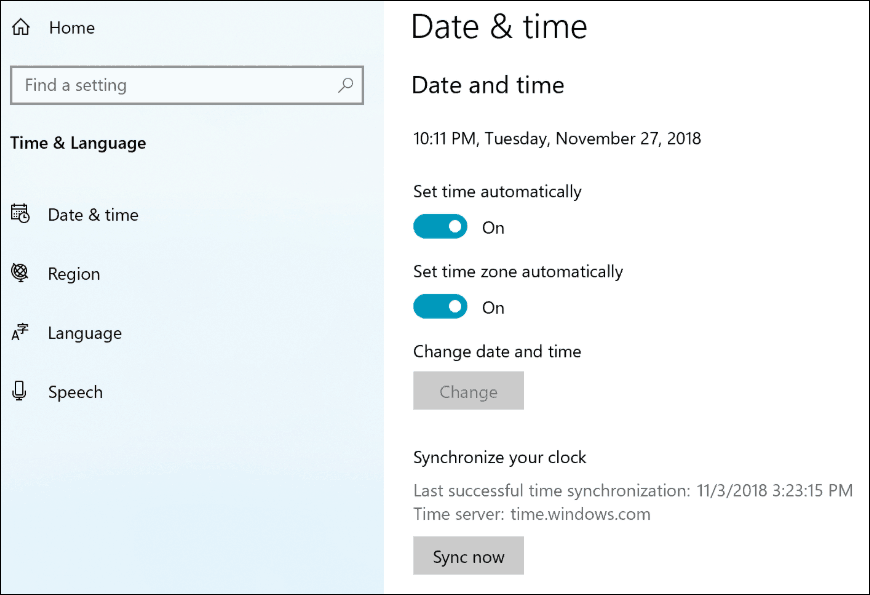 Windows 10 19H1 Настройки синхронизации часов