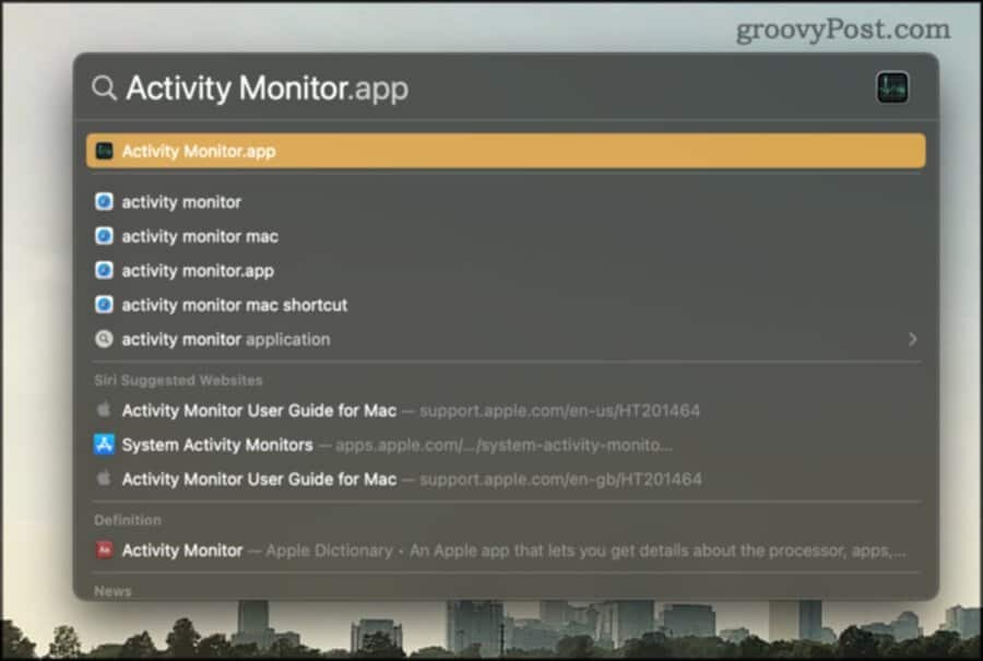 Откройте Activity Monitor с помощью поиска Spotlight