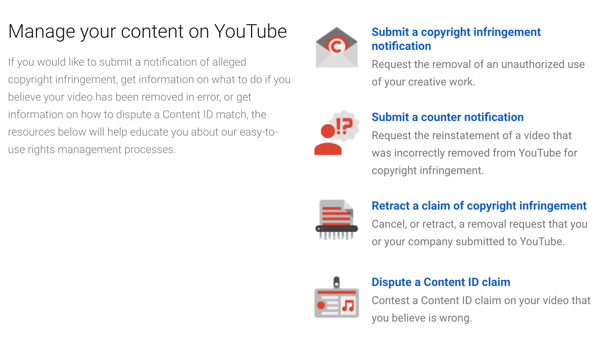 У YouTube есть процедуры удаления, которым вы можете следовать, если кто-то нарушает ваши авторские права.