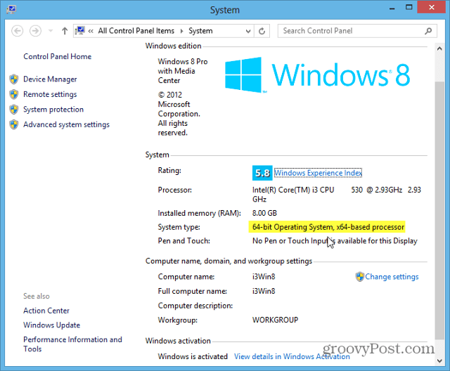 Тип системы Windows 8