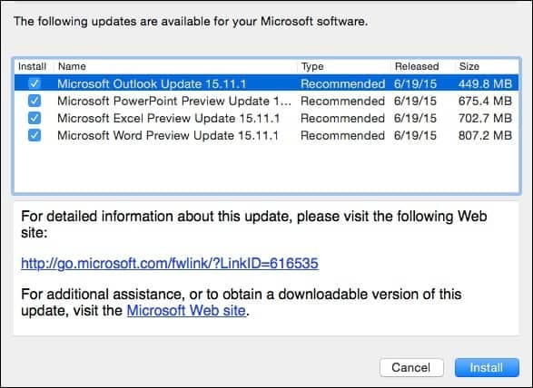 Обновление для предварительного просмотра Microsoft Office 2016 для Mac KB3074179