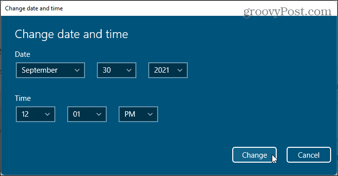 Диалог изменения даты и времени в Windows 11