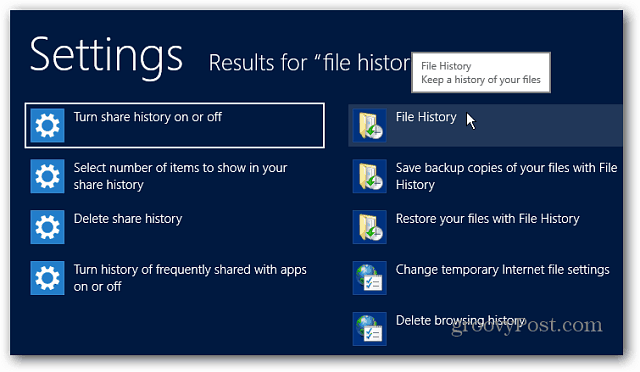 История файлов Настройки Поиск Windows 8