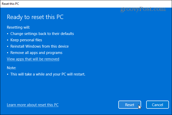готов к сбросу Windows 11 ПК