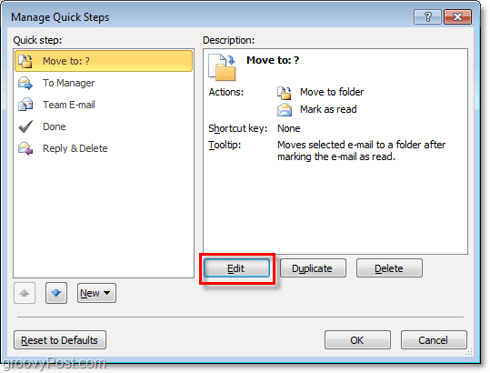 редактировать быстрые шаги в Outlook 2010