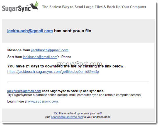 SugarSync обмениваться файлами по электронной почте